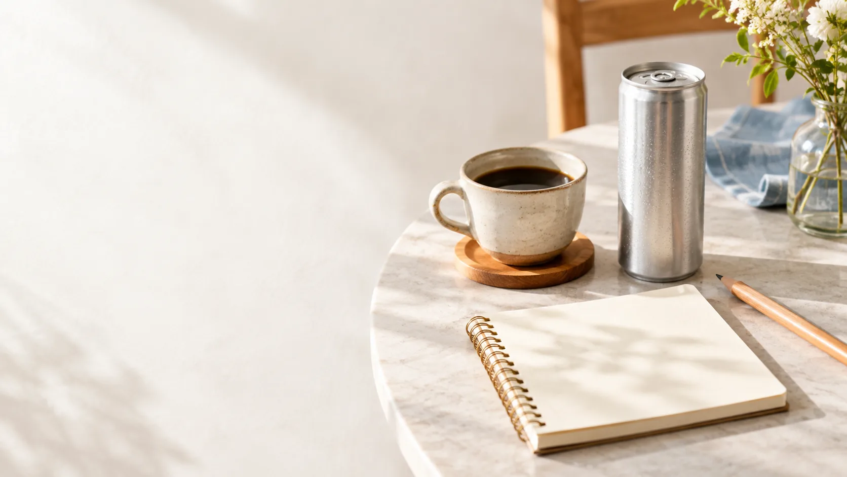 コーヒー、飲料缶、メモを並べたカフェイン量を確認するイメージ