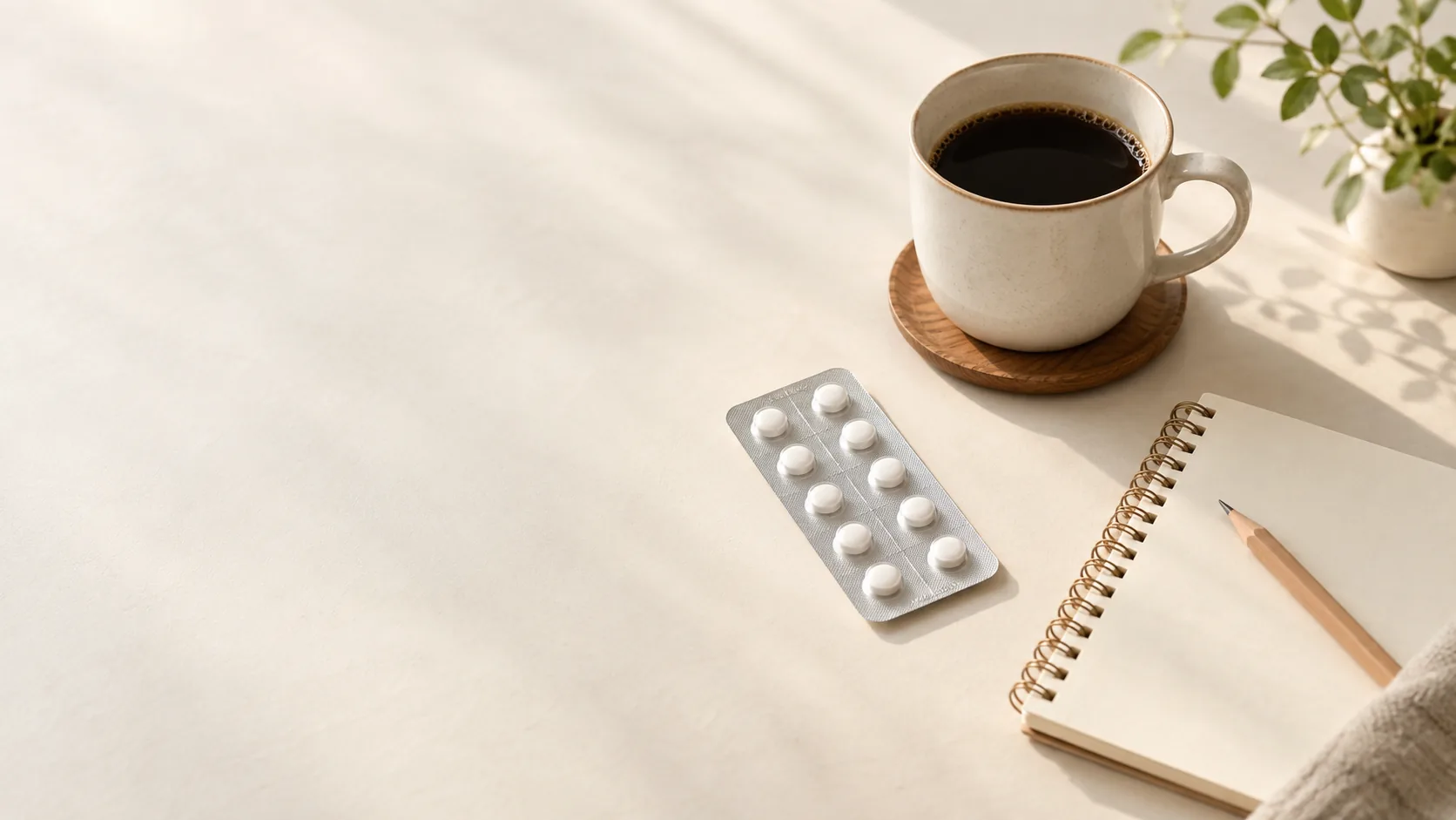 コーヒー、薬のシート、確認用のメモを並べたイメージ