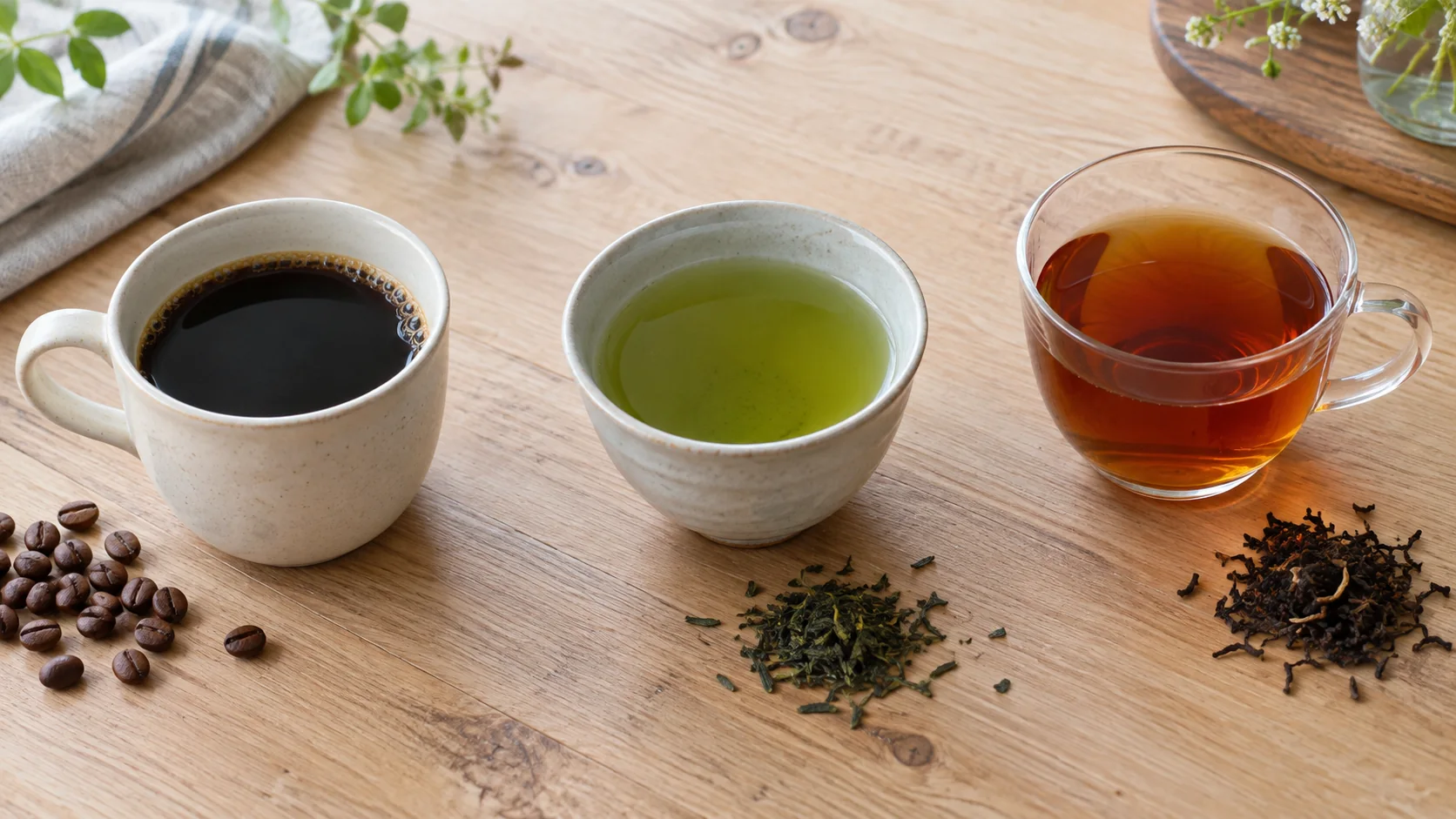 コーヒー、緑茶、紅茶を並べた比較イメージ