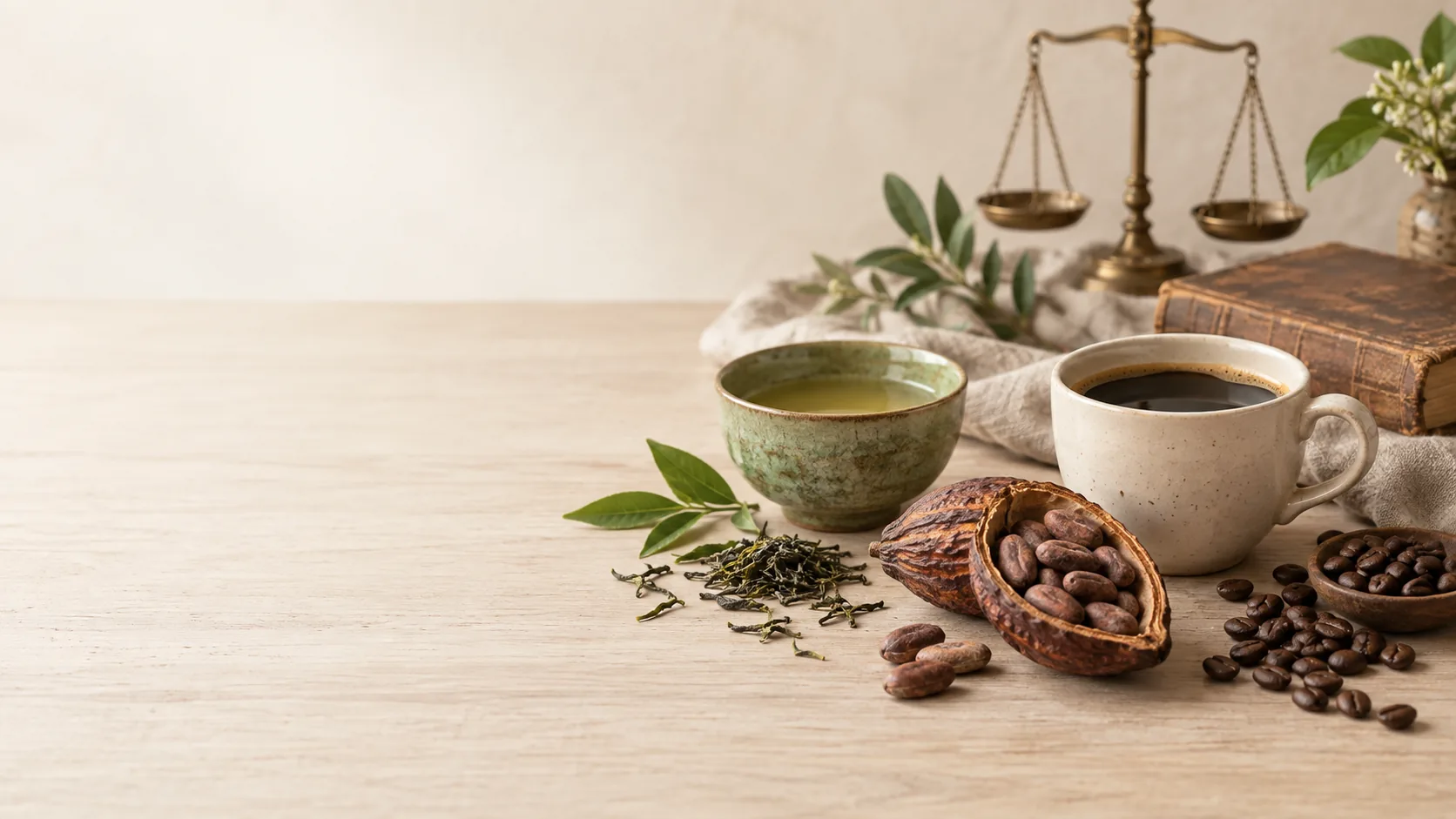 Tea, coffee, cacao and an old book arranged to illustrate caffeine history