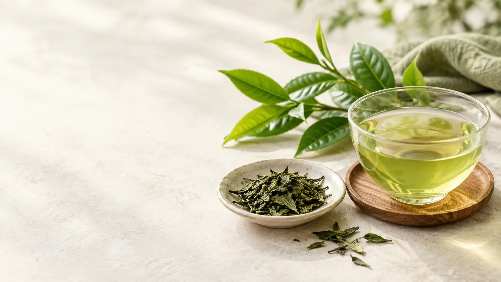 緑茶の茶葉と透明な器の緑茶を並べたイメージ